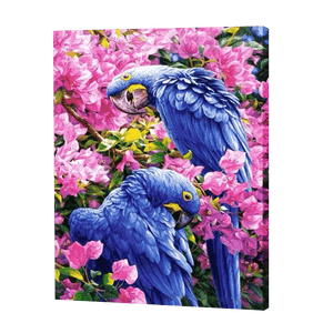 Blaue Papageien in Blumen|Diamond Painting